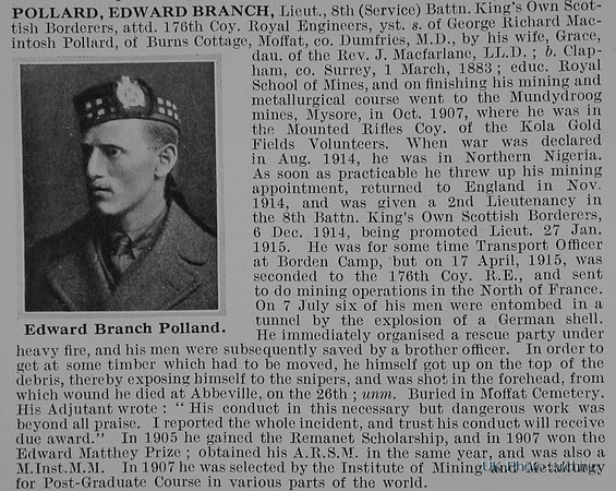 Pollard E B Lt 8th Kings Own Scottish Borderers Obit De Ruvignys Roll Of Honour Vol 1
