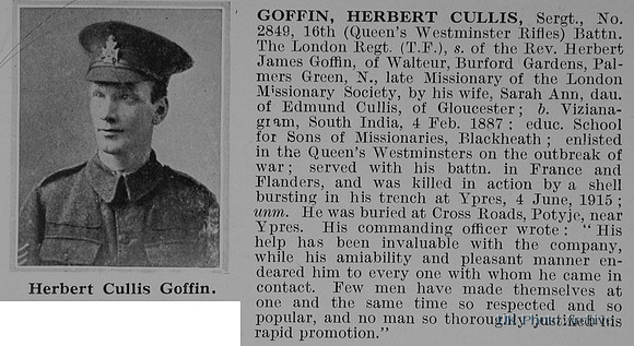 Goffin H C Sergt 2849 16th London Regiment Obit De Ruvignys Roll Of Honour Vol 1