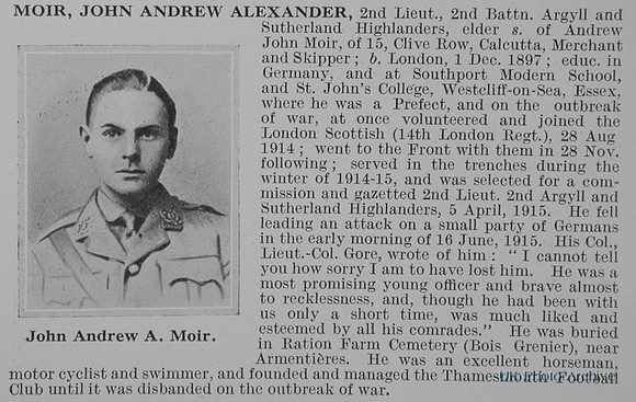 Moir J A A 2nd Lt 2nd Argyll And Sutherland Highlanders Obit