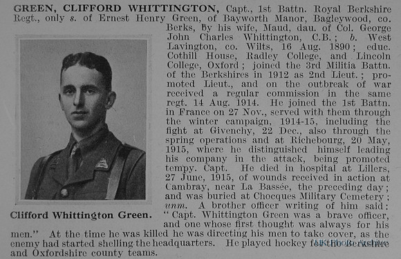Green C W Captain 1st Royal Berkshire Regiment Obit