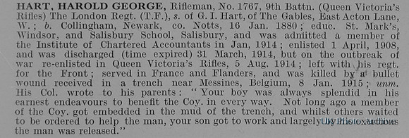 Hart H G Rfn 1767 9th London Regiment Obit
