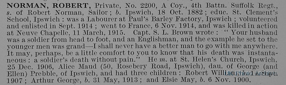 Norman R Pte 2200 4th Suffolk Regiment