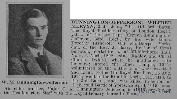 Dunnington-Jefferson W M 2nd Lt 7th Attd 3rd Royal Fusiliers Obit