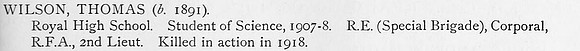 Wilson T 2nd Lt Royal Field Artillery Obit