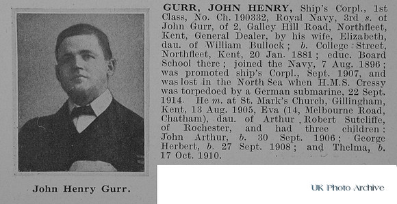 Gurr J H Ships Cpl CH/190332 HMS Cressy Royal Navy Obit
