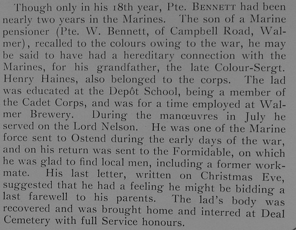 Bennett W P Pte HMS Formidable Royal Marine Light Infantry Obit