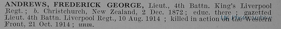 Andrews F G Lt 4th Kings Liverpool Regiment Obit
