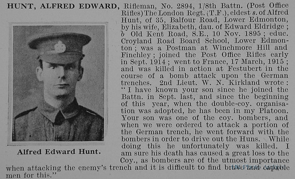 Hunt A E Rfn 2894 8th London Regiment Obit
