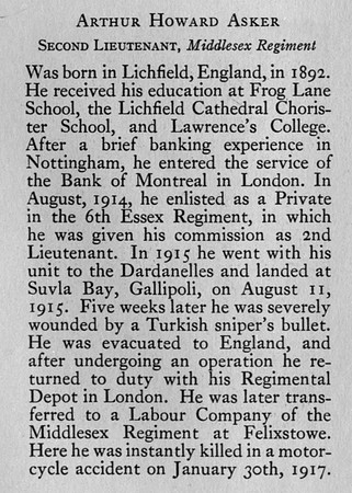 Asker A H 2nd Lt 6th Essex Regiment Obit