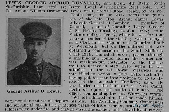 Lewis G A D 2nd Lt 4th South Staffs Regiment Attd 1st Royal Warwickshire Regiment Obit