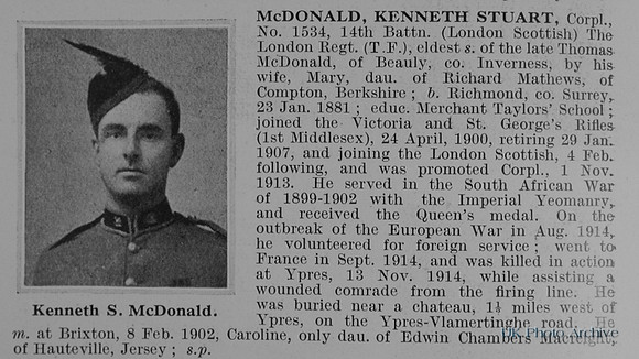 McDonald K S Cpl 1534 14th London Regiment Obit