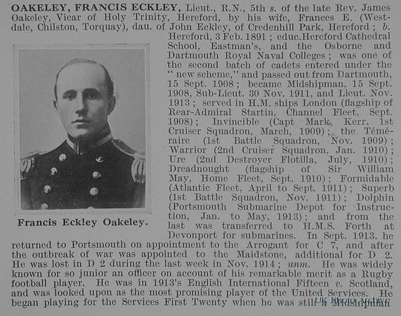 Oakeley F E Lt HM Sub D2 Royal Navy Obit Part 1 De Ruvignys Roll Of Honour Vol 1