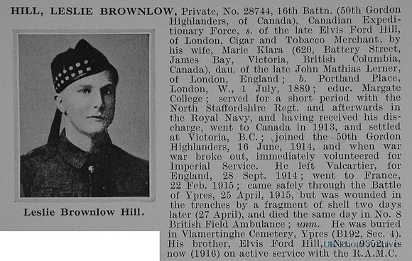 Hill L B Pte 28744 16th Canadian Expeditionary Force Obit