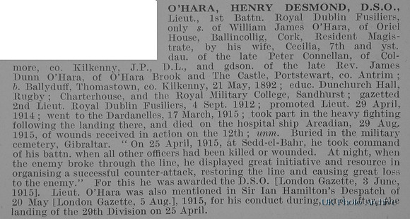 O'Hara H D Lt DSO 1st Royal Dublin Fusiliers Obit De Ruvignys Roll Of Honour Vol 1
