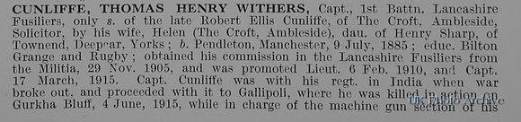 Cunliffe T H W Captain 1st Lancashire Fusiliers Obit Part 1