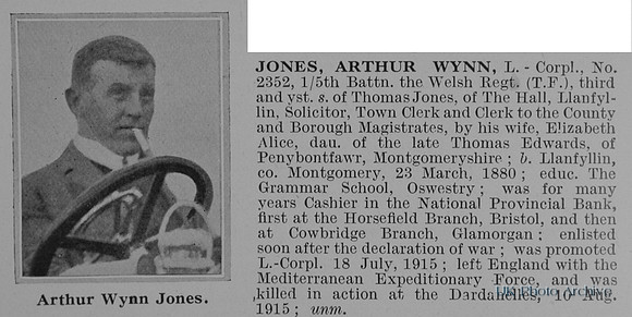 Jones A W L/Cpl 2352 5th Welsh Regiment Obit