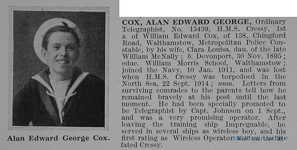 Cox A E G Ord Telegraphist 15439 HMS Cressy Royal Navy Obit