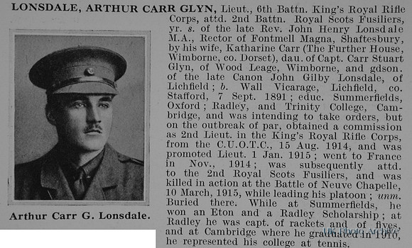 Lonsdale A C G Lt 6th Kings Royal Rifle Corps Obit