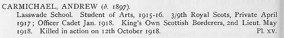 Carmichael A 2nd Lt Kings Own Scottish Borderers Obit