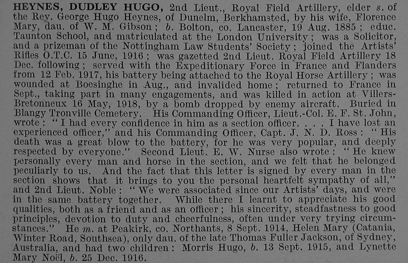 UK Photo And Social History Archive: H &emdash; Heynes D H 2nd Lt Royal Field Artillery Obit De Ruvignys Roll Of Honour Vol 4